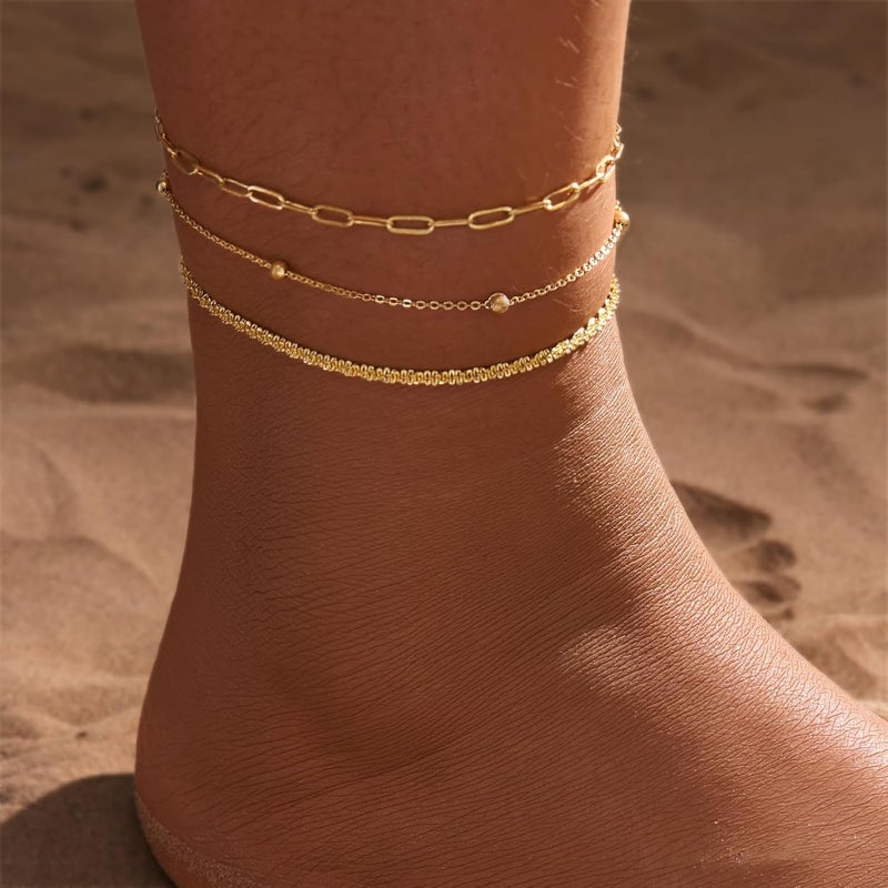 MIDEEO Gold/Silver Ankle Bracelets for Women,14K Gold Anklets for Women Waterproof Cuban Link Heart Beads Herringbone Rhinestone Anklets Set Layered Anklet Bracelets for Women Gold Jewelry Gift - Image 2